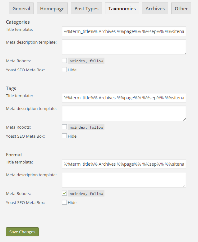 The "Taxonomies" tab in the Titles & Metas section