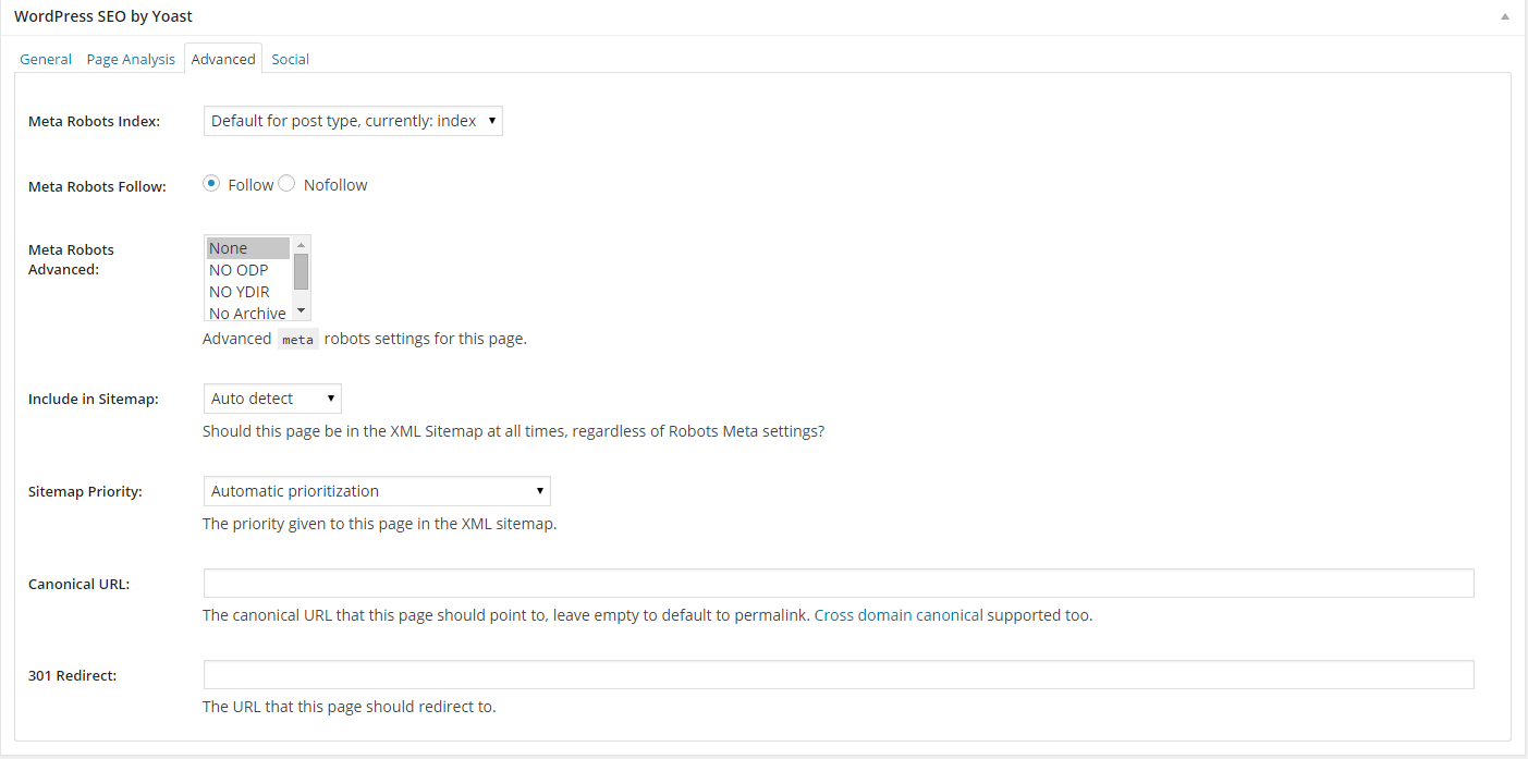 The "Advanced" tab in the Yoast SEO Toolbox